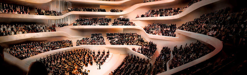 Concert hall in the Elbphilharmonie with musicians and large audience